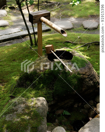 日本花園中的陽光和手水風景 91915396