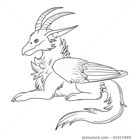 Black and white coloring page ink illustration of a dragon. Black and white coloring page ink illustration of a dragon. 91915989