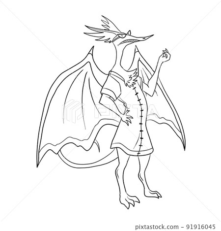 Black and white coloring page ink illustration of a dragon. Black and white coloring page ink illustration of a dragon. 91916045