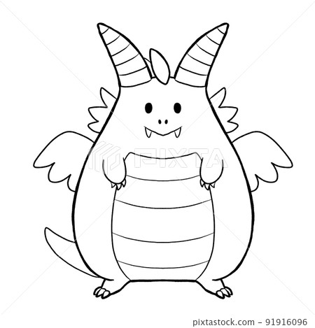 Black and white coloring page ink illustration of a dragon. 91916096