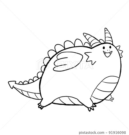 Black and white coloring page ink illustration of a dragon. 91916098