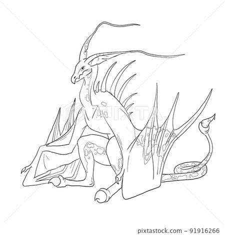 Black and white coloring page ink illustration of a dragon. Black and white coloring page ink illustration of a dragon. 91916266