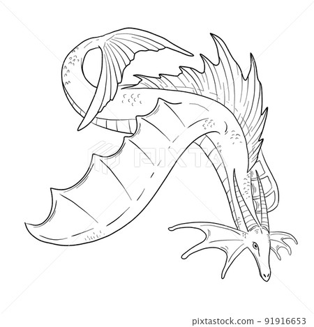 Black and white coloring page ink illustration of a dragon. 91916653