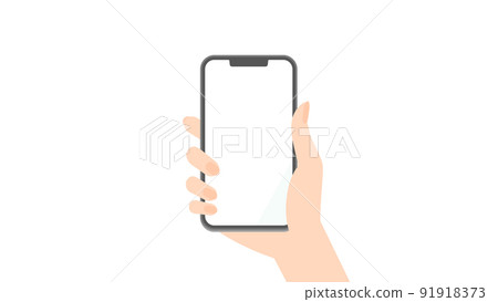 一個女人的手拿著一部智能手機，顯示屏上有白色的複制空間 91918373
