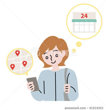 Illustration of a woman looking for a convenience store while looking at a map on her smartphone Illustration of a woman looking for a convenience store while looking at a map on her smartphone 91919301