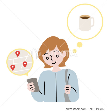 一個女人一邊看智能手機上的地圖一邊尋找咖啡館的插圖 91919302