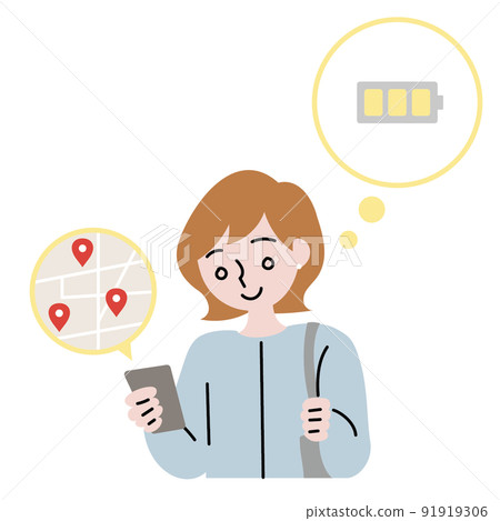 Illustration of a woman looking for a charging spot or rental battery while looking at a map on a smartphone 91919306