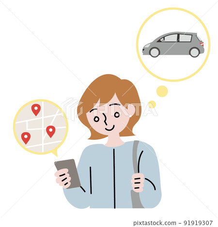 Illustration of a woman looking for a place to rent a car while looking at a map on her smartphone Illustration of a woman looking for a place to rent a car while looking at a map on her smartphone 91919307