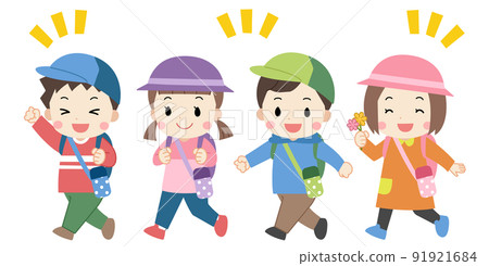 孩子們散步的插圖素材和沒有線條的微笑 91921684