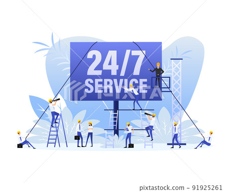 24 hour support in flat style on white background. Customer service. Online support call center. Flat people. 24 hour support in flat style on white background. Customer service. Online support call center. Flat people. 91925261