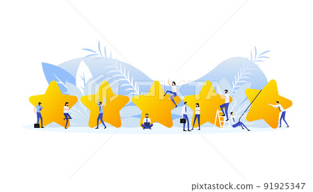 Customer review with gold star icon in laptop screen. People in flat style. Vector illustration Customer review with gold star icon in laptop screen. People in flat style. Vector illustration 91925347