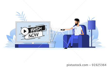 Man sits on the couch, they switch the channel on the TV - Watch now Man sits on the couch, they switch the channel on the TV - Watch now 91925364