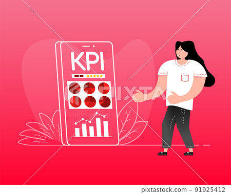 Kpi people and smarphone on pink background. Vector illustration 91925412