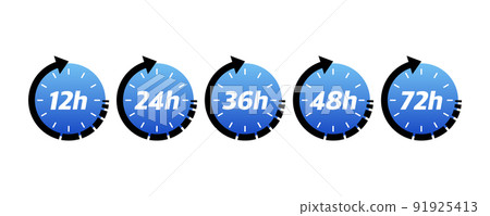 12, 24, 48 and 72 hours clock arrow. Vector work time effect or delivery service time icons. Vector illustration 91925413