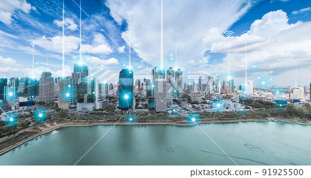 City scape with connecting dots for networking and communication. Internet globalization concept 91925500