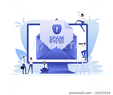 Spam detected people. Magnifying glass. Flat design 91925626