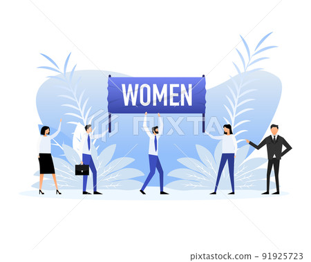People holding a poster with text women, protest. Vector illustration. People holding a poster with text women, protest. Vector illustration. 91925723