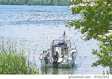 Pastel-like "fishing boat floating on the surface of the lake" illustration image 91925852