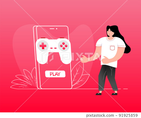 Games people in flat style. Cartoon video game. Vector illustration. Hand holding mobile phone Games people in flat style. Cartoon video game. Vector illustration. Hand holding mobile phone 91925859