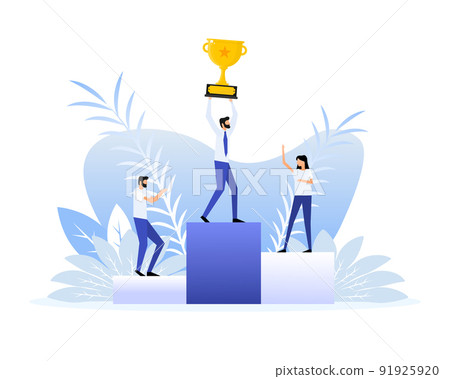 Success award people in flat style on gold background. Champion trophy, gold cup. Flat illustration. 91925920