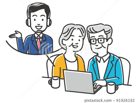 Image illustration material of an elderly couple receiving online consultation at home 91926182