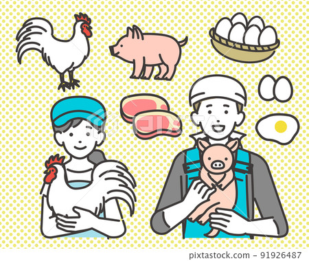 雞和豬以及飼養小豬和雞/養豬/農民/家禽養殖/奶牛養殖的家畜農民的矢量圖解 91926487