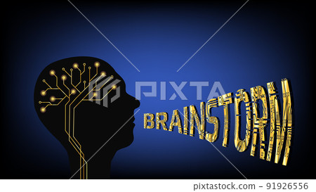Silhouette of human head with golden digital brain and word brainstorm from the mouth on dark blue background. Concept of finding new solutions and answers to questions. Silhouette of human head with golden digital brain and word brainstorm from the mouth on dark blue background. Concept of finding new solutions and answers to questions. 91926556