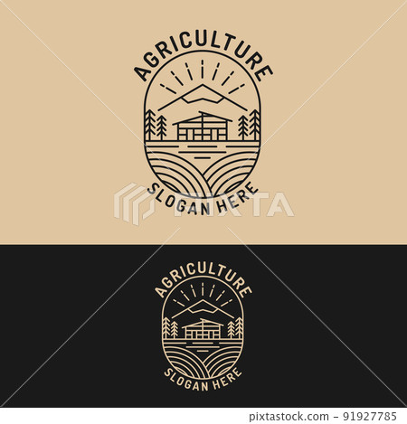Farm Field with Cottage House and Mountain in Line Style Logo Design Template 91927785