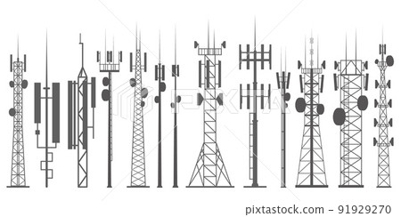 Mobile towers set. Internet network. Radio antennas and cellular communication constructions. Vector silhouette outline illustration. 91929270