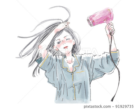 A woman who dries her hair with a hair dryer after taking a bath 91929735