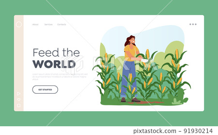 Farm Production Landing Page Template. Woman Farmer Harvesting Corn on Field. Gardener Female Character Working Farm Production Landing Page Template. Woman Farmer Harvesting Corn on Field. Gardener Female Character Working 91930214