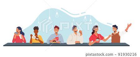 People Eating Cakes, Donuts And Ice Cream At Cafe. Men And Women Tasting Delicious Desserts And Drinking Coffee 91930216