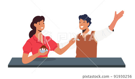 Loving Couple Eating Dessert At Cafe. Smiling Woman Feed Man with Ice Cream, Friends Characters Spend Time At Cafeteria Loving Couple Eating Dessert At Cafe. Smiling Woman Feed Man with Ice Cream, Friends Characters Spend Time At Cafeteria 91930256