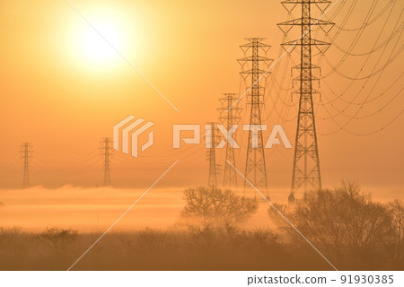 Watarase Retarding Ground and steel towers on a winter morning 91930385
