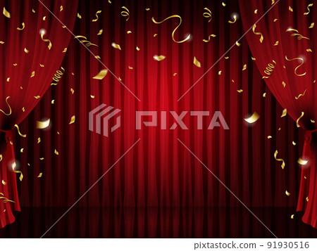五彩紙屑舞動、聚光燈照射的紅幕舞台 五彩紙屑舞動、聚光燈照射的紅幕舞台 91930516