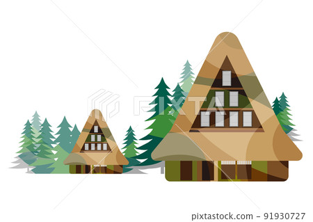 A beautiful mountain village with a gassho-zukuri, an old Japanese folk house 91930727