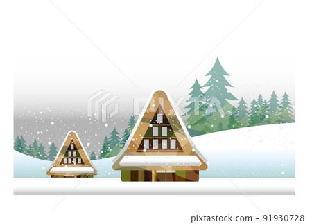 A beautiful mountain village with a gassho-zukuri, an old Japanese folk house 91930728