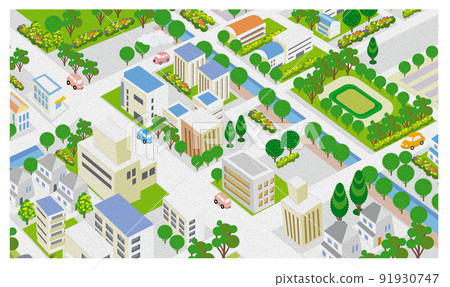 Oil-style embossing. Beautiful cityscape and living scenery. Creating a city where people can live brightly and the nature and housing blend together. 91930747