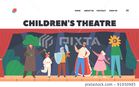 Children Theatre Landing Page Template. Kids in Theatrical Costumes Playing on Stage. Characters Wear Fantasy Suits Children Theatre Landing Page Template. Kids in Theatrical Costumes Playing on Stage. Characters Wear Fantasy Suits 91930985