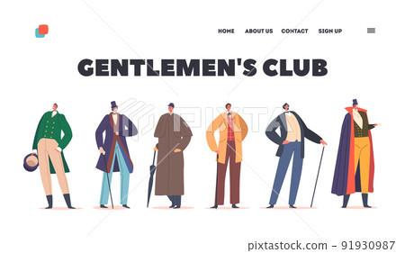 Gentlemen Club Landing Page Template. 19th Century Men Fashion, Characters of Nineteenth Century Wear Vintage Clothing 91930987