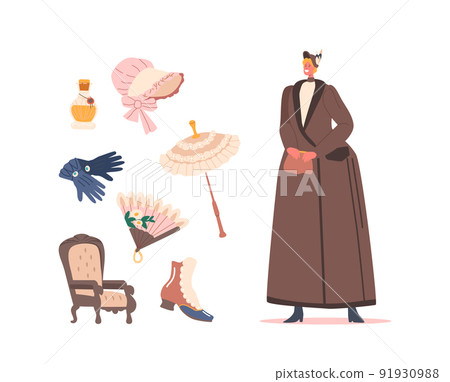 Set 19th Century Lady Fashion. Woman Wear Long Elegant Gown and Hat. Isolated Accessories, Perfume, Gloves, Umbrella 91930988