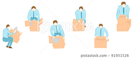 一個高個子商人的全身插圖集，他把材料放在紙板箱裡 91931526