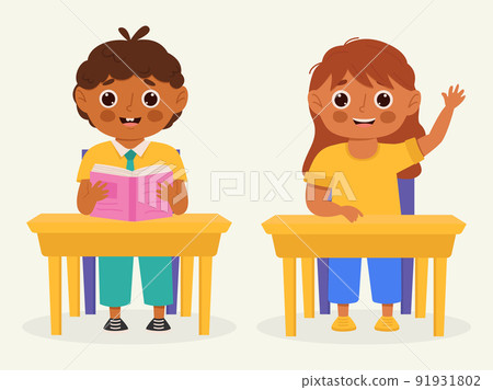 School kids with school supplies sitting at a school desk. Kids with backpacks and books. Colorful cartoon characters. Flat vector illustration. 91931802