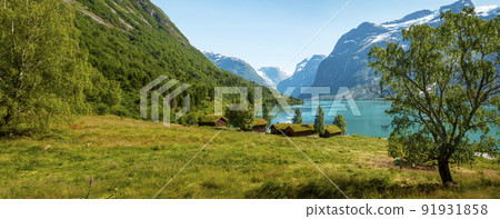 Panorama of norwegian landscape with traditional farm village 91931858
