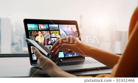 A woman viewing an image library on her computer 91932466