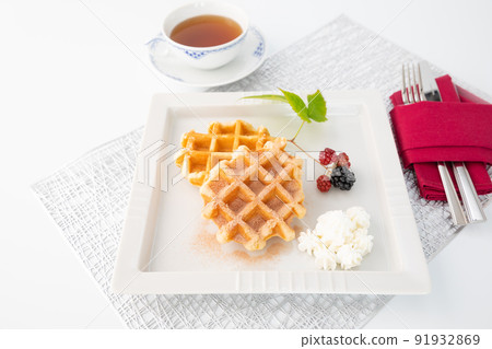 Belgian waffles and picked blackberries 91932869