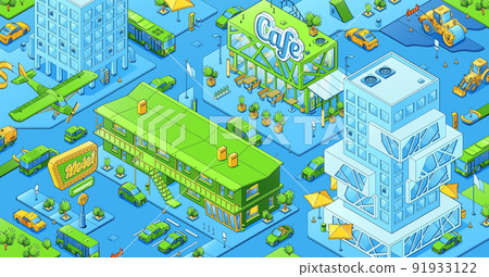 Isometric cityscape with cafe and motel Isometric cityscape with cafe and motel 91933122