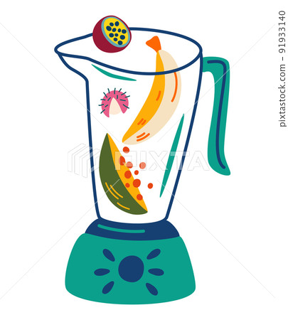 Blender with fruits. Tropical Fruit. Banana, lychee, papaya and passion fruit. Smoothie recipe. Healthy vegetarian food. For restaurant, menus and recipe books. Vector cartoon illustration. 91933140