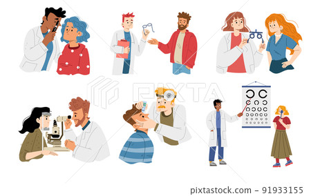 Ophthalmologist doctor checking patient eyes set Ophthalmologist doctor checking patient eyes set 91933155