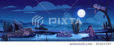 Cartoon african animals night savannah landscape. 91933197